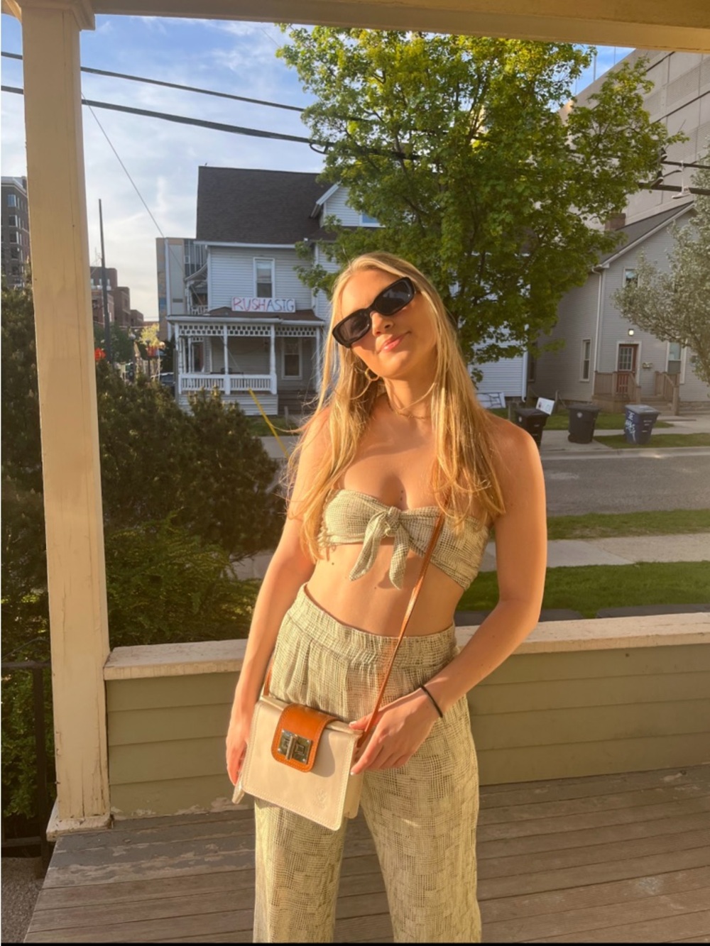 Green Tie-Front Crop Top & Wide Leg Pants Set